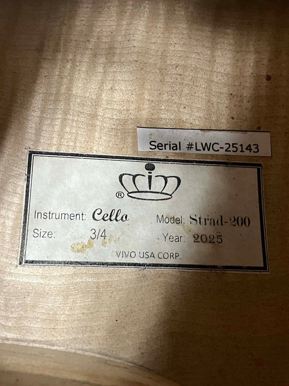 Vivo Strad model 200 3/4 Cello