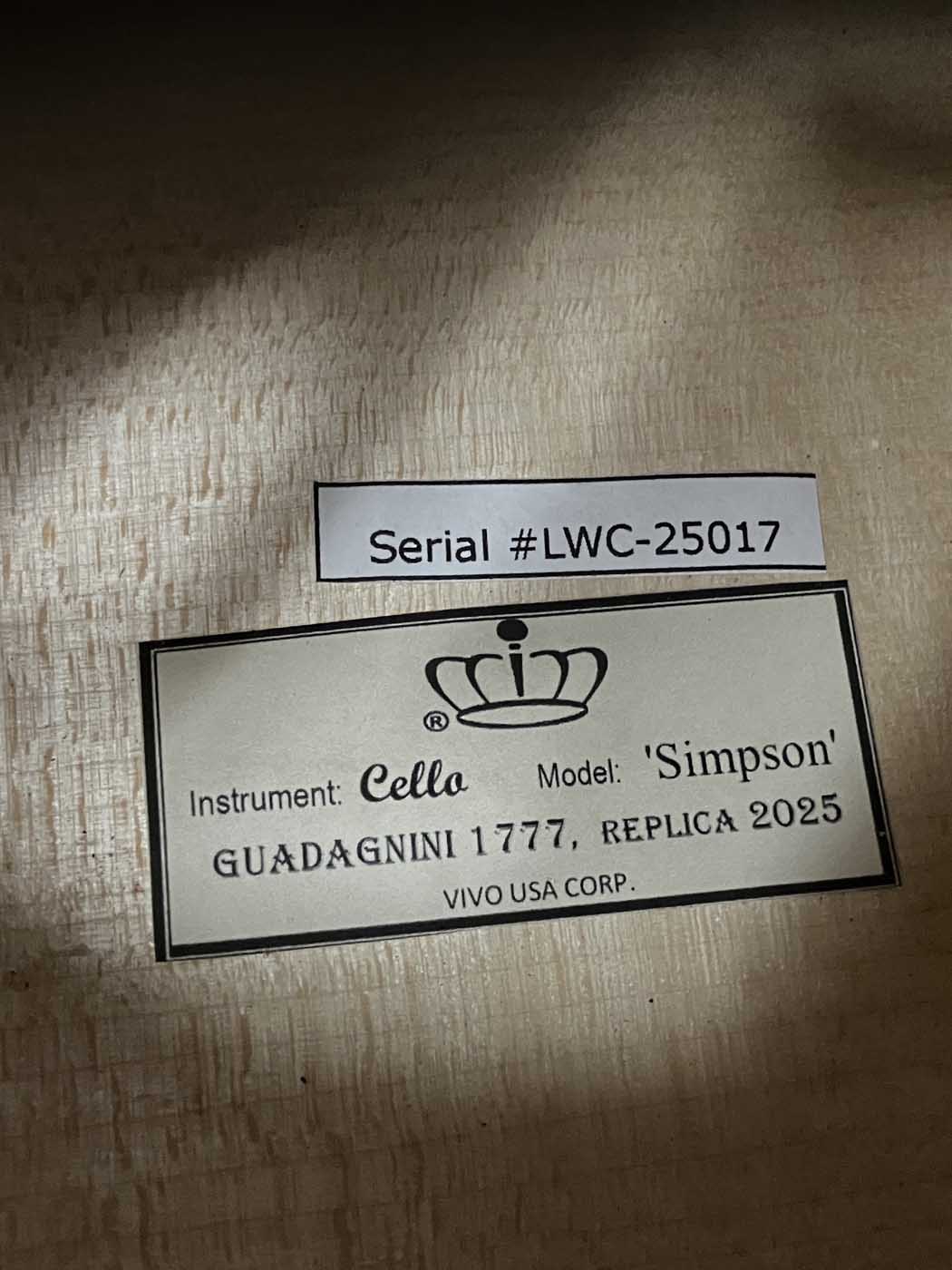 Vivo Guadagnini 1777 'Simpson' Replica 4/4 Cello (25017)