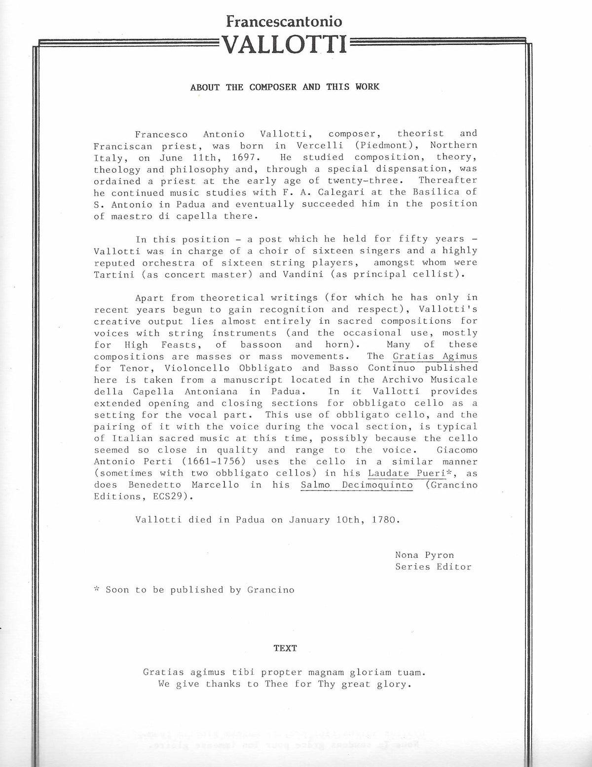 Gratias Agimus for Tenor Solo and Violoncello Obbligato with Bass Continuo - Cello Music